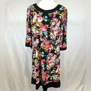 Karin Stevens black pink and blue paisley floral shift dress size 12